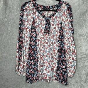 Zac & Rachel XL Top Shirt Red White Floral Flower Long Sleeve V Neck Sheer Women